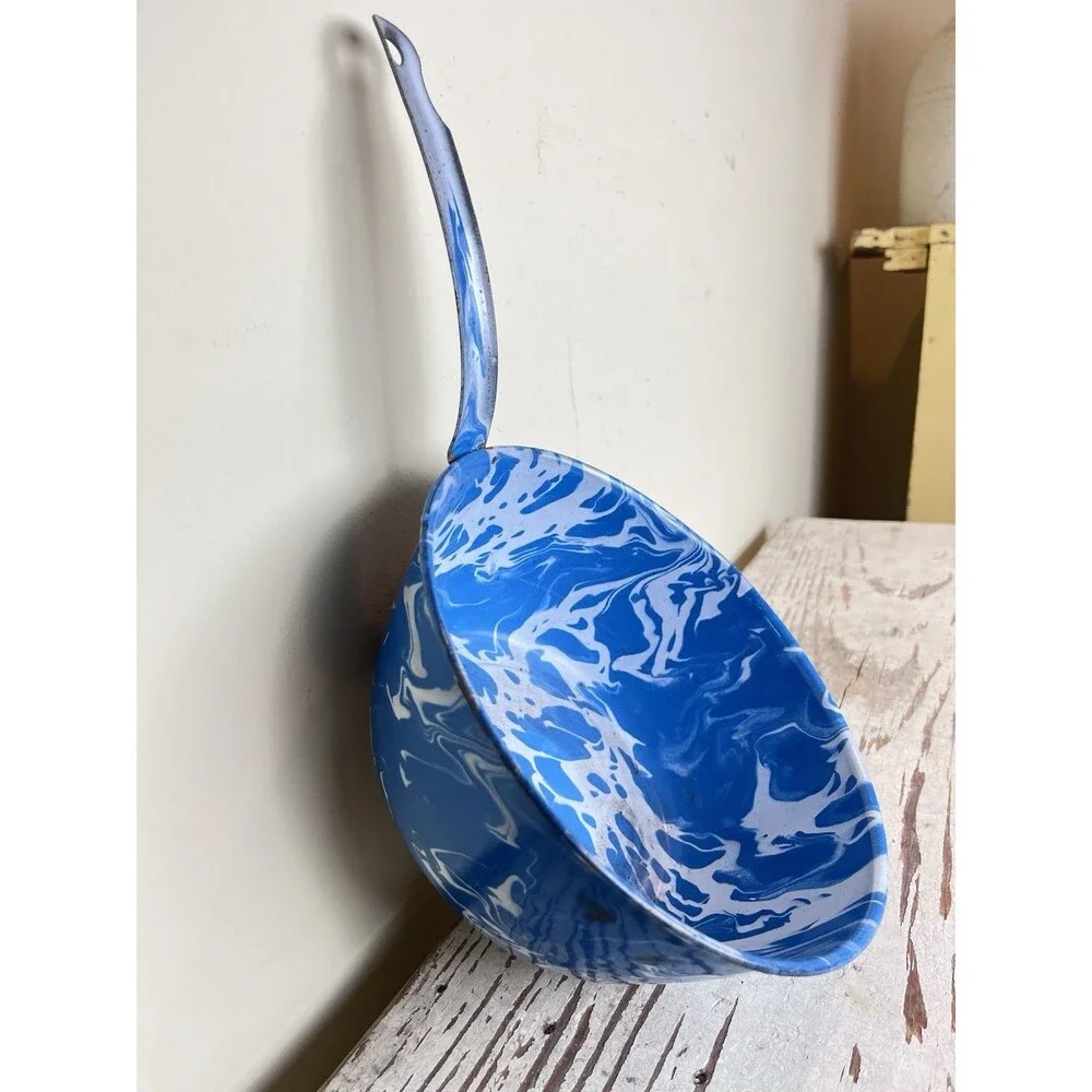Vintage Primitive Blue Slatterware Enamelware Saucepan W/Handle Rustic Home